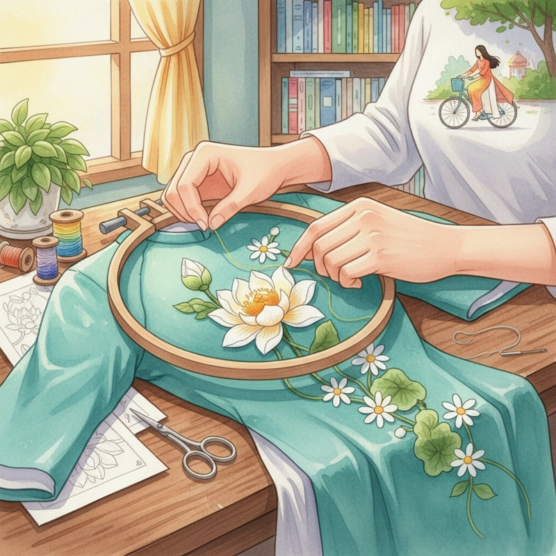 Tranh vẽ cô gái mặc áo dài duyên dáng