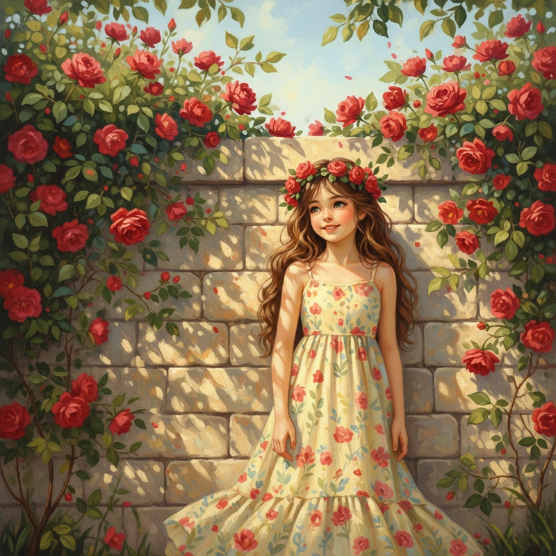 Tranh vẽ cô gái và hoa hồng lãng mạn