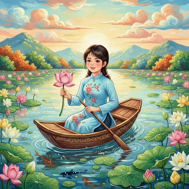 Tranh vẽ cô gái và hoa sen thanh tao