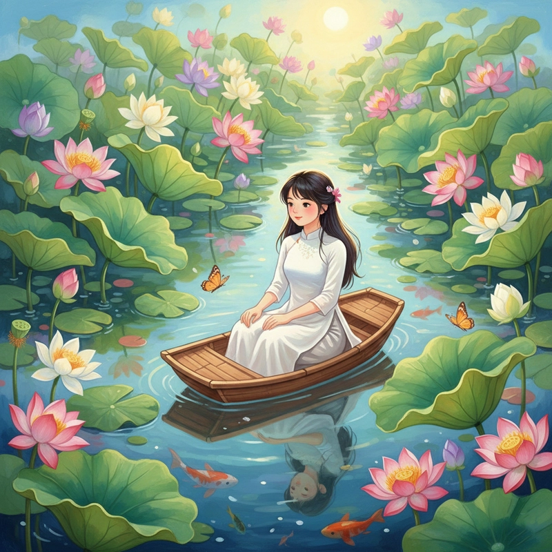 Tranh vẽ cô gái và hoa sen ý nghĩa