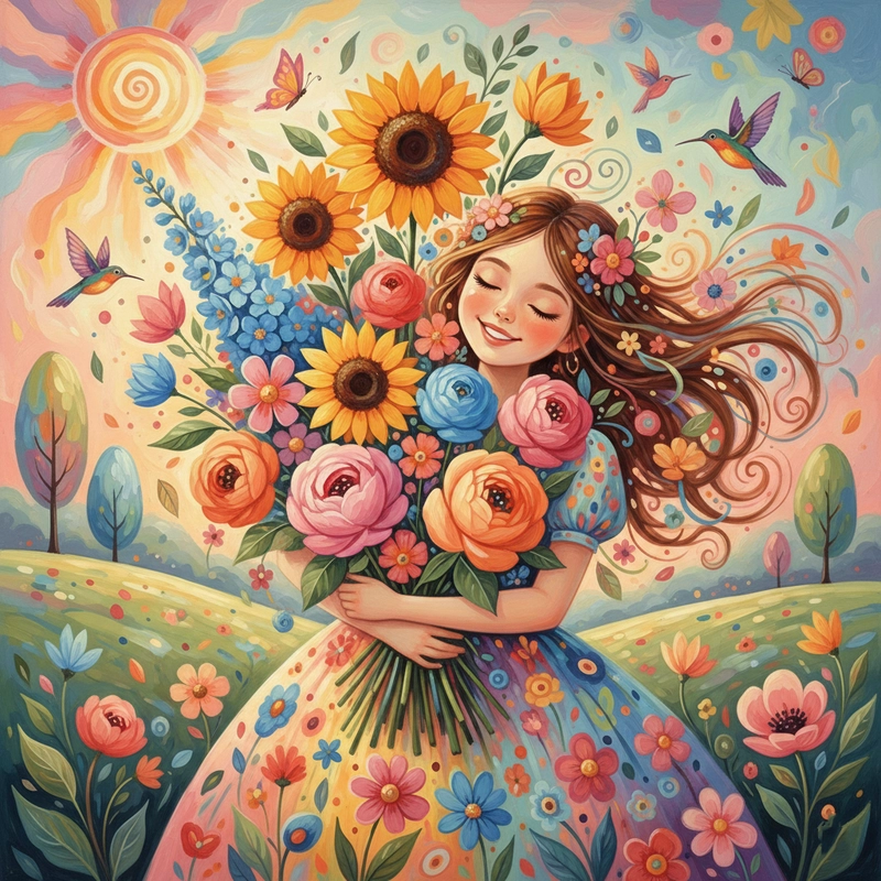 Tranh vẽ cô gái và hoa truyền cảm hứng