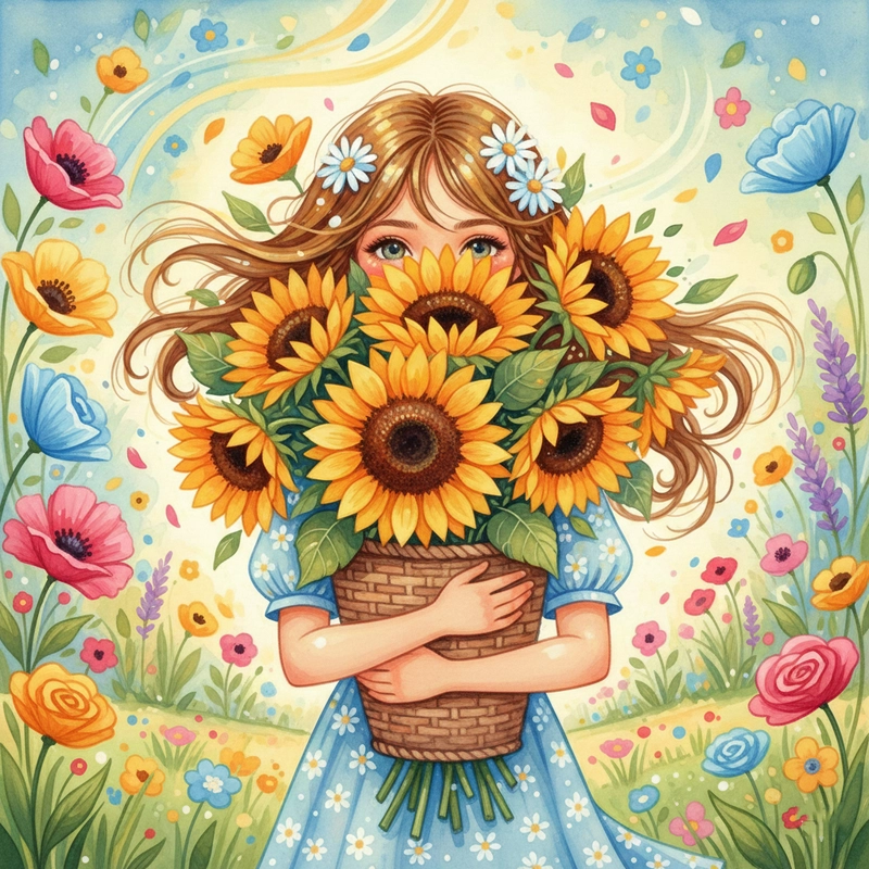Tranh vẽ cô gái với hoa hướng dương đầy năng lượng