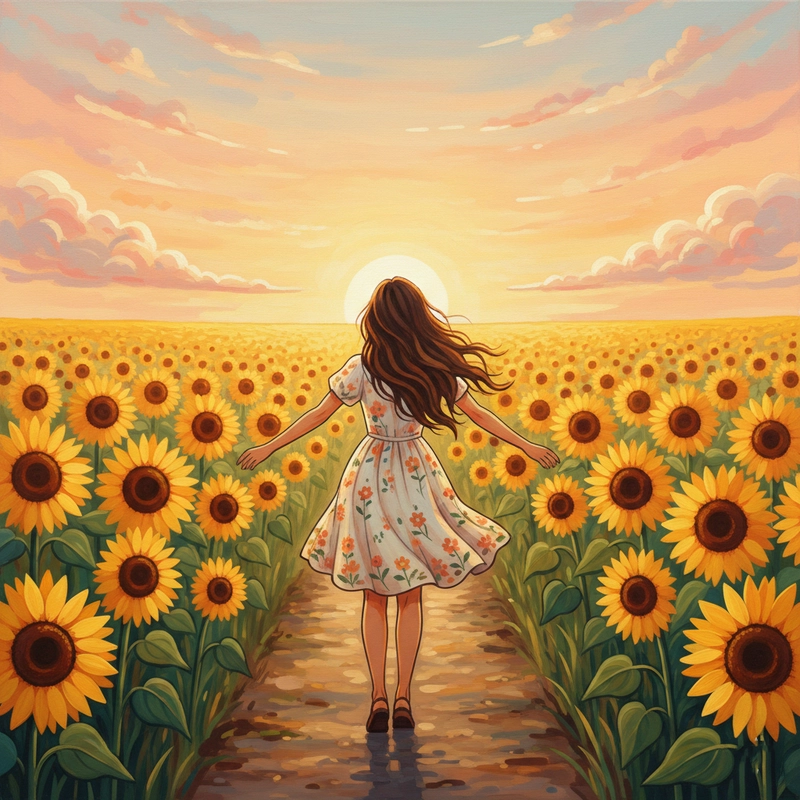 Tranh vẽ cô gái với hoa hướng dương tươi sáng