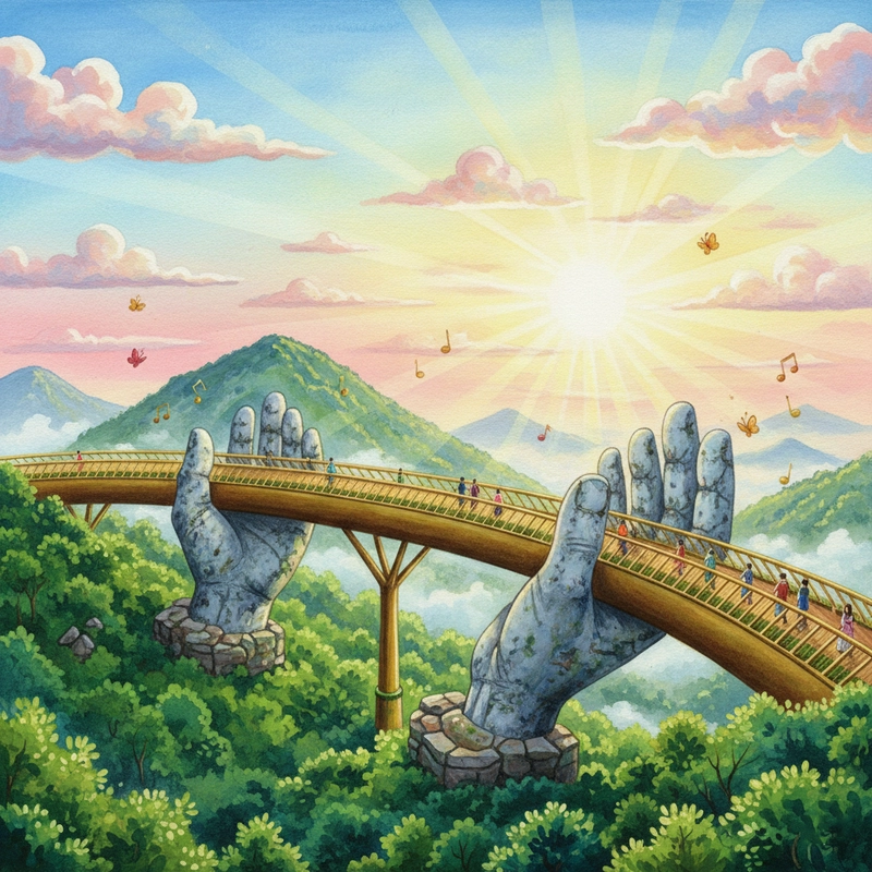 Tranh vẽ danh lam thắng cảnh Việt Nam đơn giản - Cầu Vàng Bà Nà Hill (Đà Nẵng)