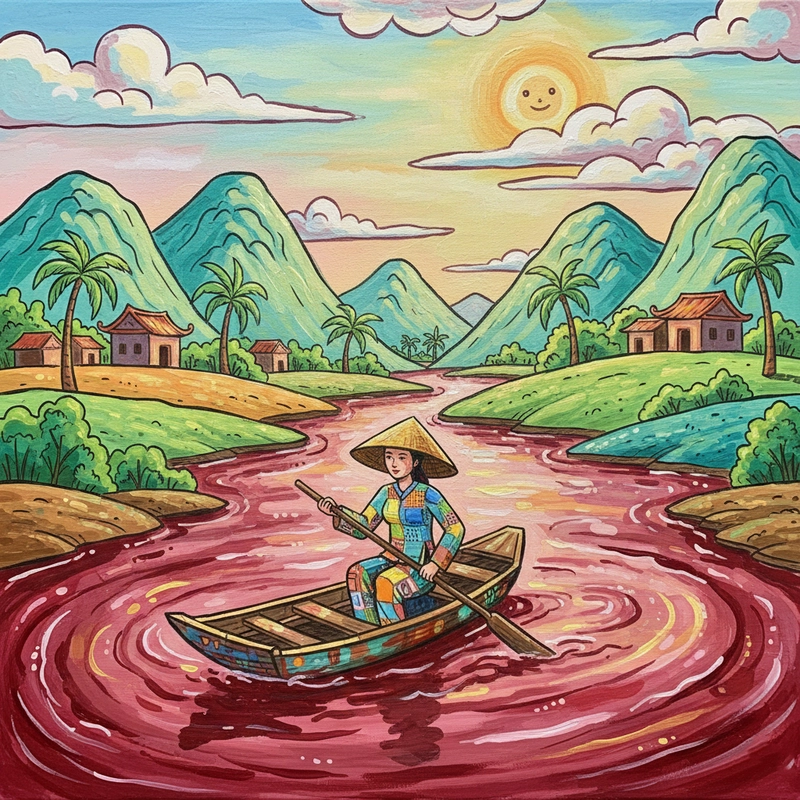 Tranh vẽ danh lam thắng cảnh Việt Nam đơn giản - sông Mê Kông