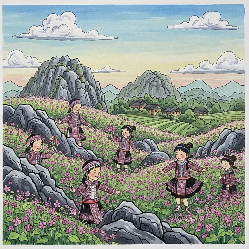 Tranh vẽ danh lam thắng cảnh Việt Nam nổi bật - cao nguyên đá Đồng Văn (Hà Giang)