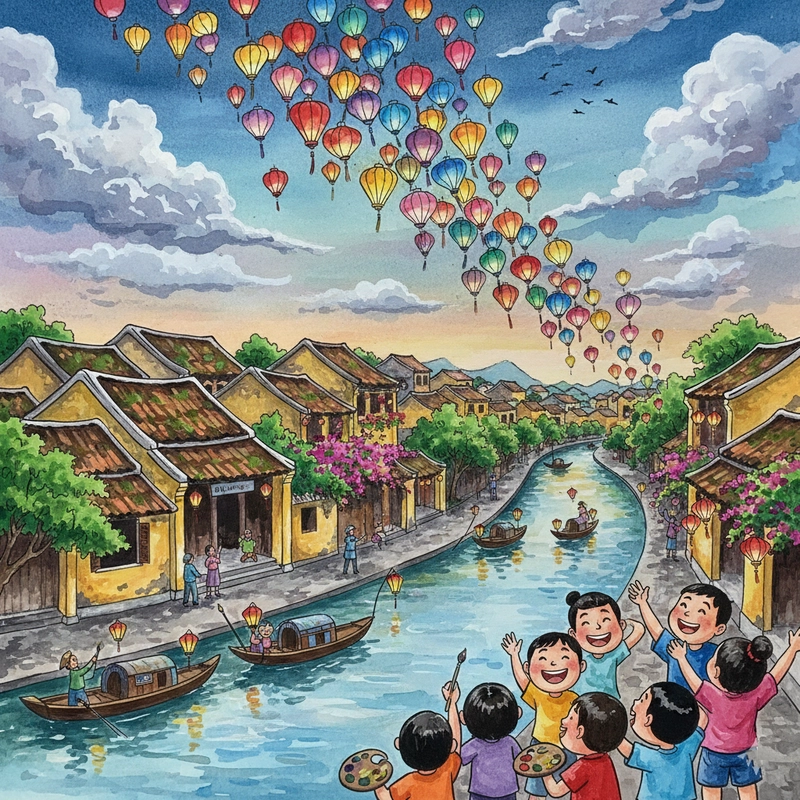 Tranh vẽ danh lam thắng cảnh Việt Nam - phố cổ Hội An