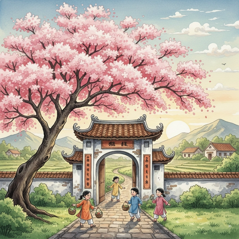 Tranh vẽ hoa đào mang không khí tết