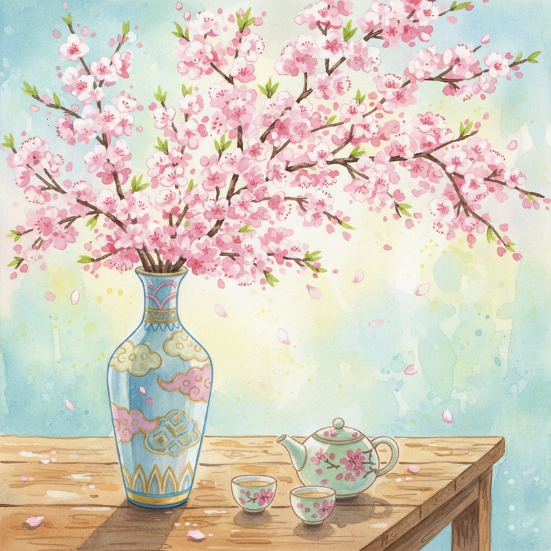 Tranh vẽ hoa đào mang sắc xuân