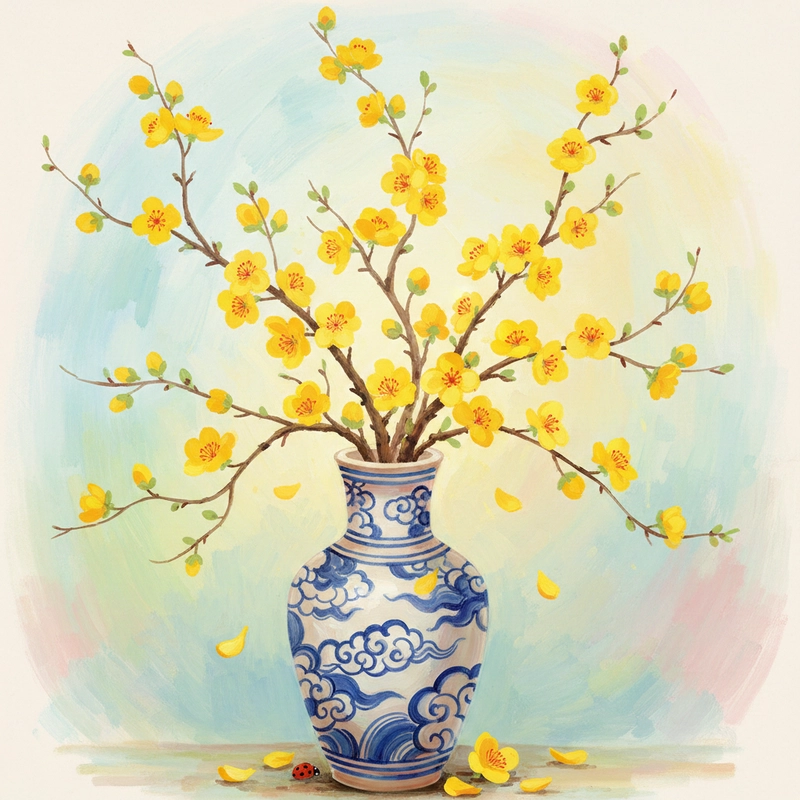 Tranh vẽ hoa mai bố cục hài hòa