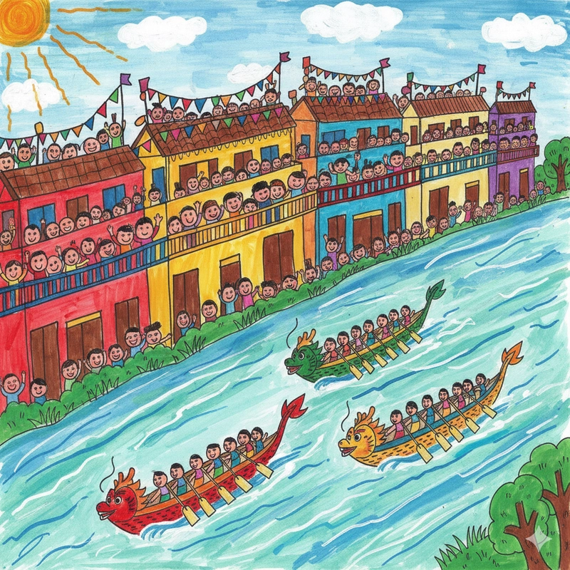 Tranh vẽ hoạt động thể thao nước trong lễ hội