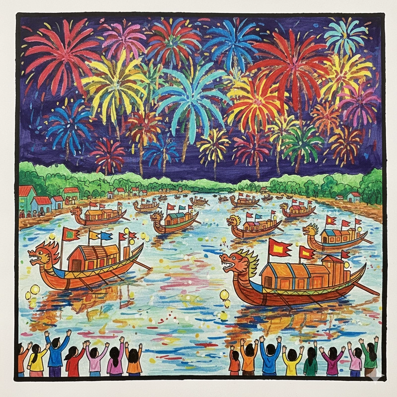 Tranh vẽ không khí cổ vũ lễ hội đua thuyền