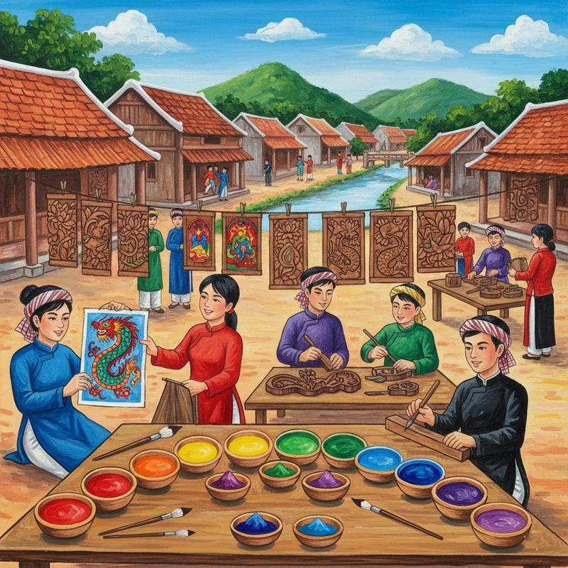 Tranh vẽ làng nghề truyền thống sinh động