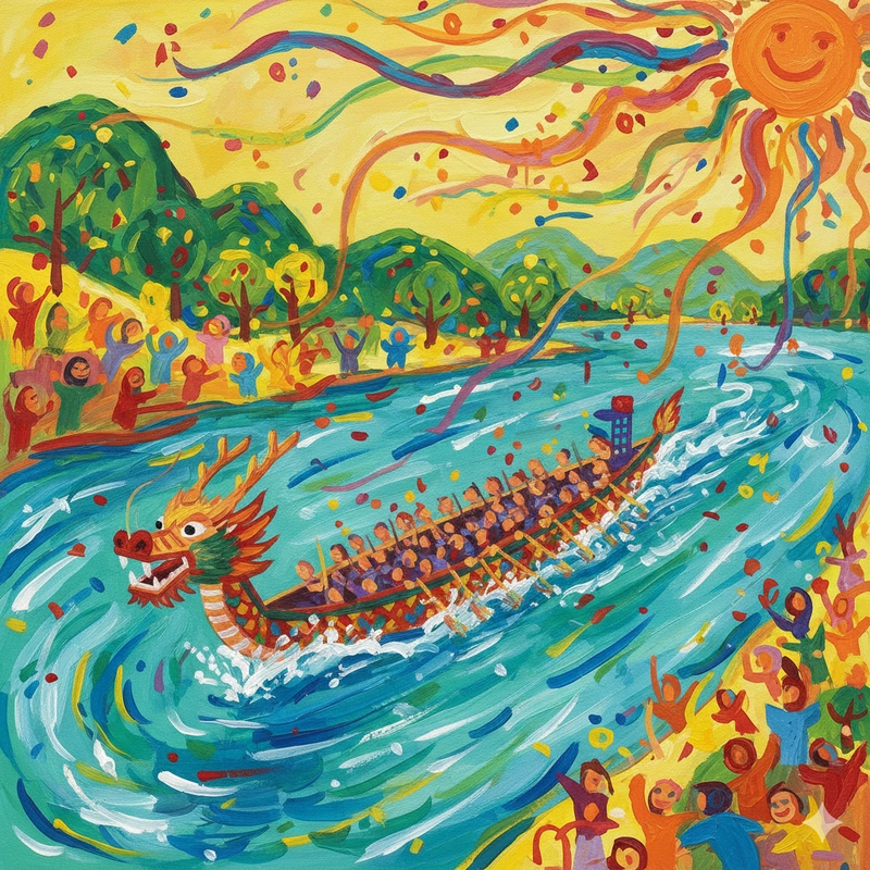 Tranh vẽ lễ hội đua thuyền rồng nhiều màu sắc