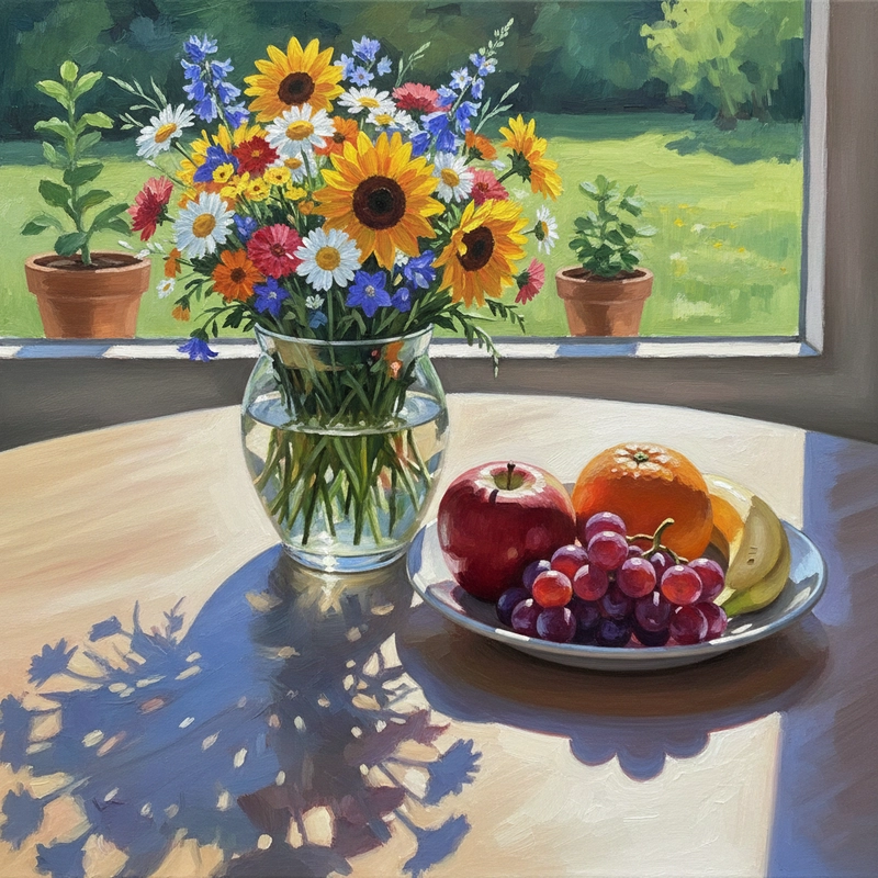 Tranh vẽ lọ hoa và quả