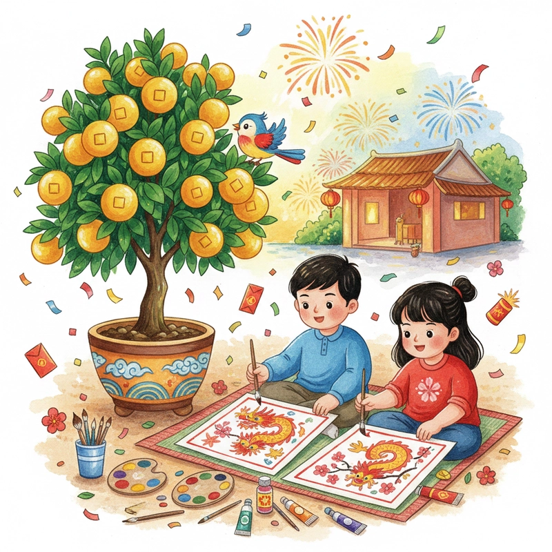 Tranh vẽ ngày Tết đơn giản cho bài tập mỹ thuật.