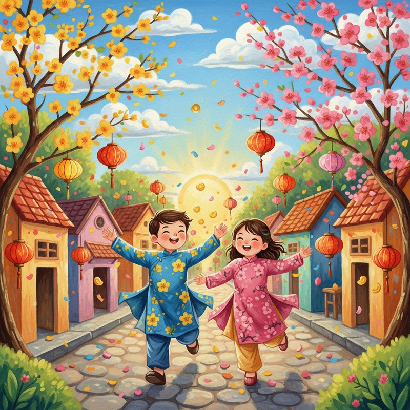 Tranh vẽ ngày Tết đơn giản cho lớp nhỏ.