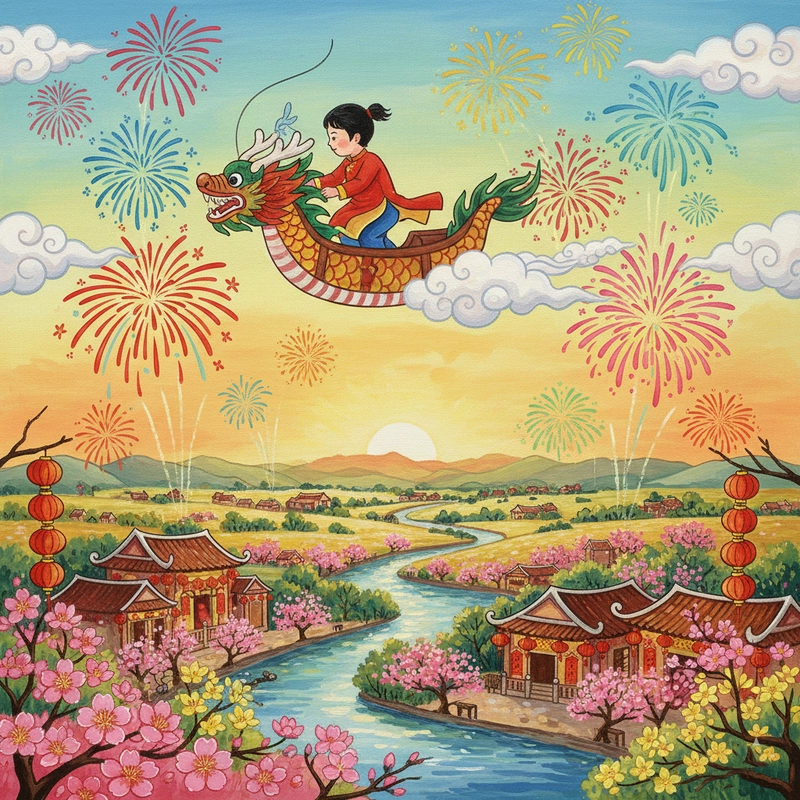 Tranh vẽ ngày Tết mang chủ đề truyền thống.