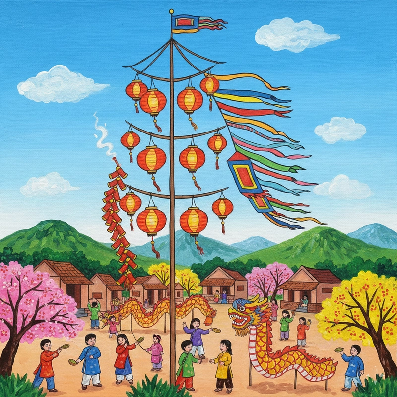 Tranh vẽ ngày Tết về phong tục đầu xuân.