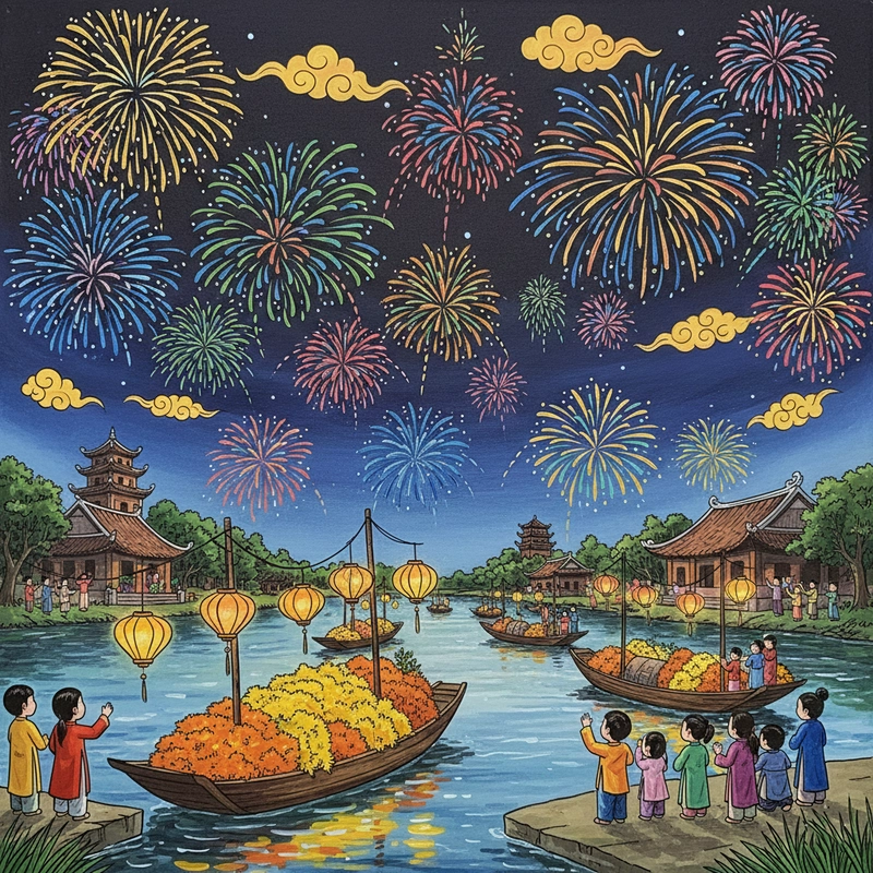 Tranh vẽ pháo hoa rực rỡ