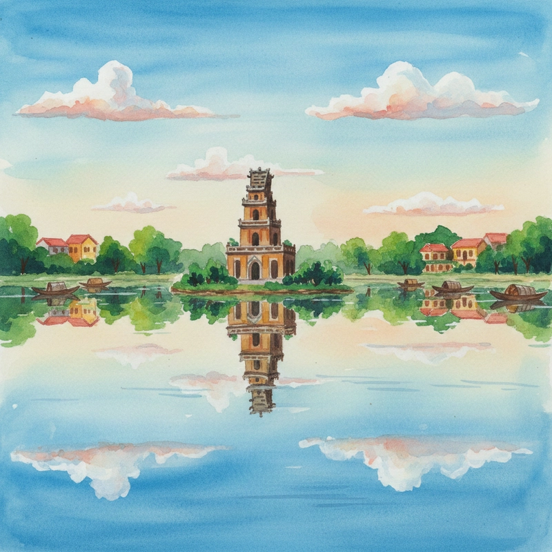 Tranh vẽ phong cảnh Hồ Gươm buổi sáng