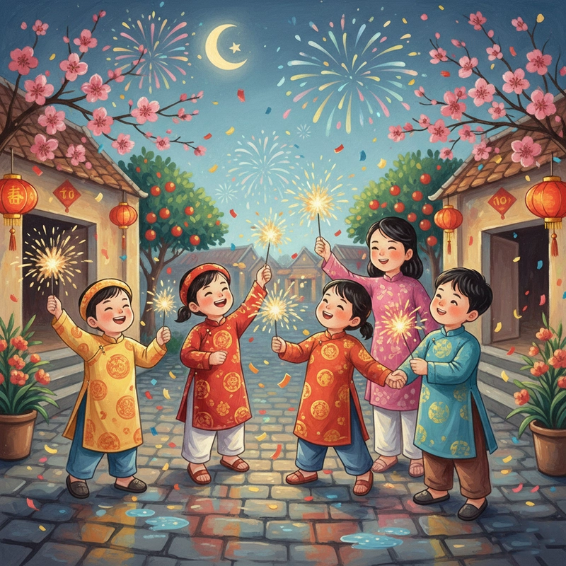 Tranh vẽ sum vầy gia đình ngày Tết nhẹ nhàng