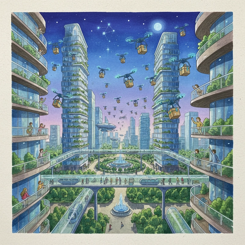 Tranh vẽ thành phố trong tương lai dễ áp dụng