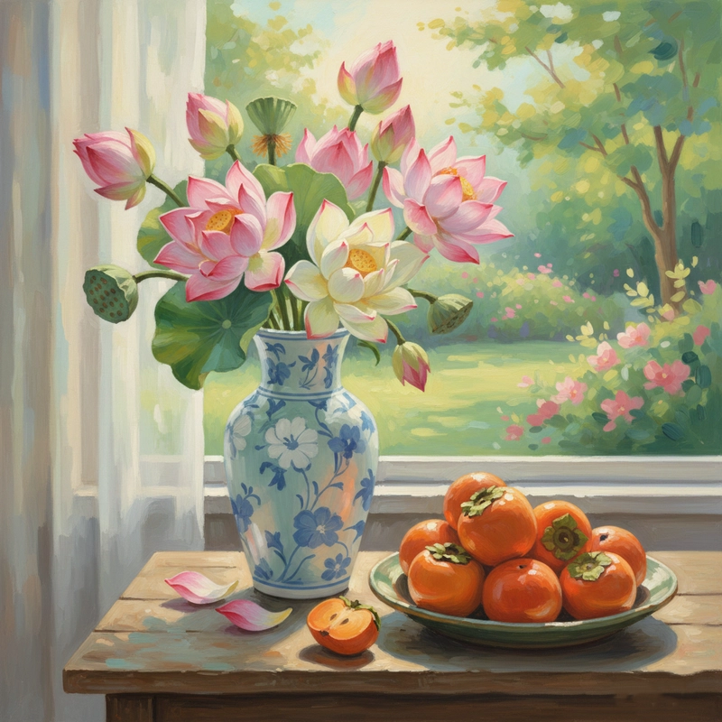 Tranh vẽ tĩnh vật lọ hoa và quả