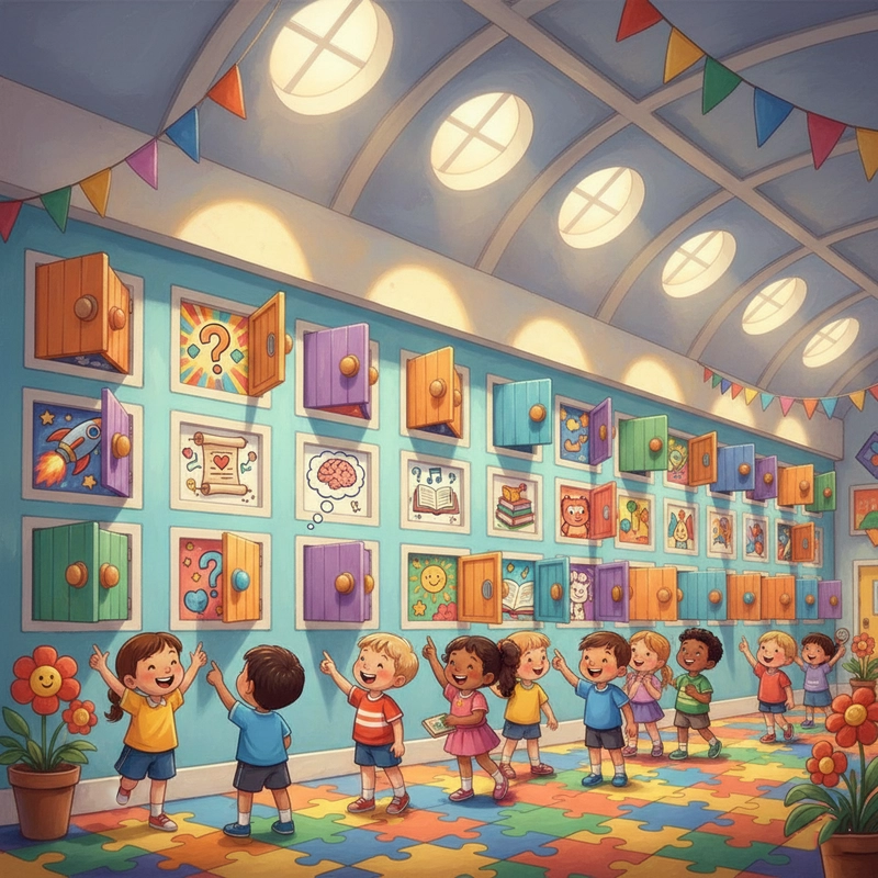 Tranh vẽ trang trí hội trường trẻ trung, hài hòa.