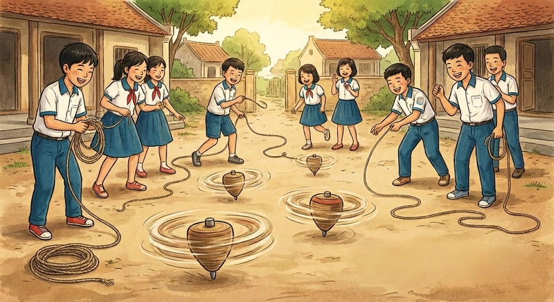 Tranh vẽ trò chơi dân gian đánh cù quay