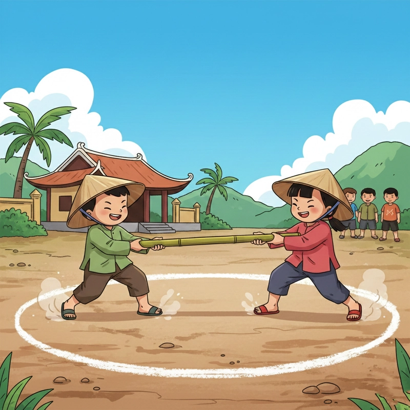 Tranh vẽ trò chơi dân gian đẩy gậy