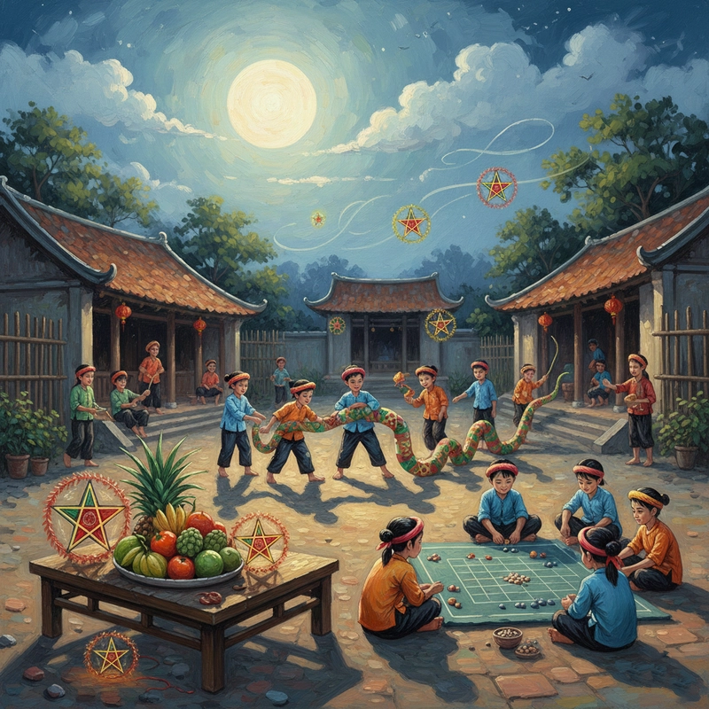 Tranh vẽ trò chơi dân gian trăng rằm phá cỗ