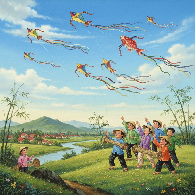 Tranh vẽ trò chơi thả diều sáo