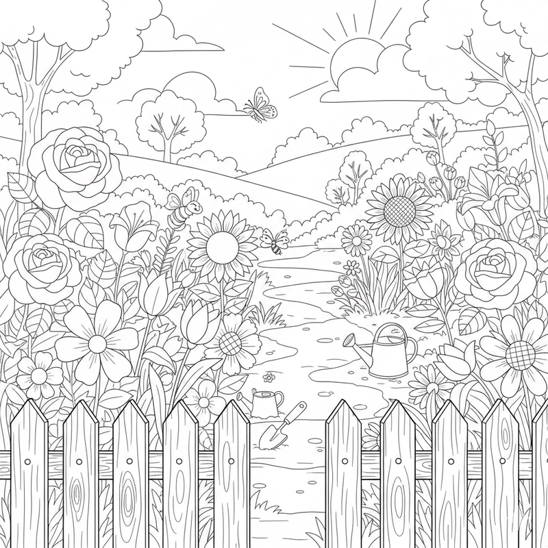 Tranh vườn hoa dễ thương để bé sáng tạo