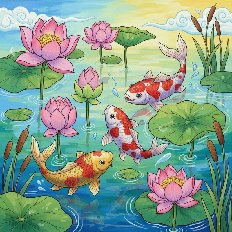 Vẽ cá chép và hoa sen đẹp
