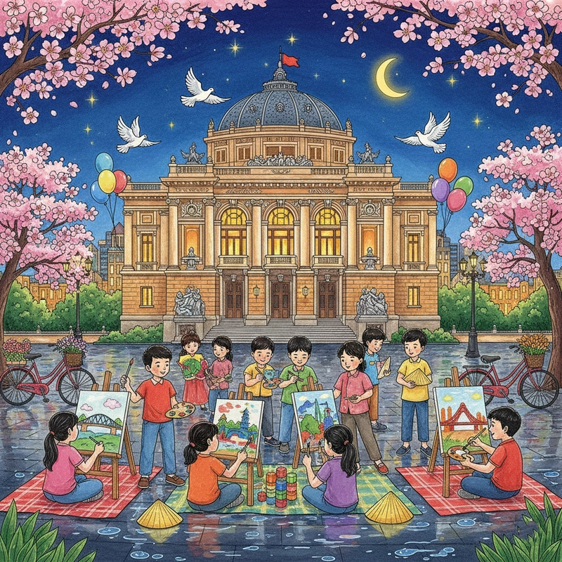 Vẽ tranh Em yêu Hà Nội thành phố vì hòa bình