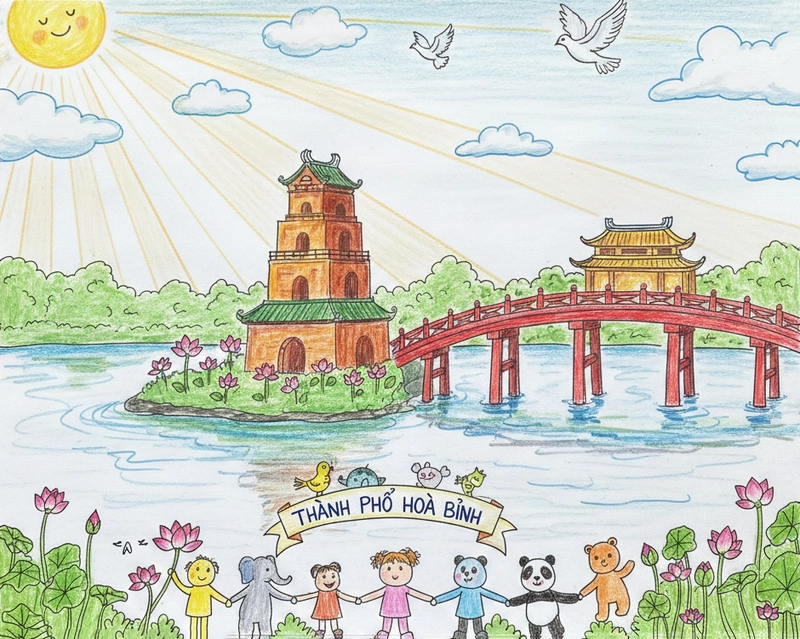 Vẽ tranh Hà Nội thành phố hòa bình sáng tạo
