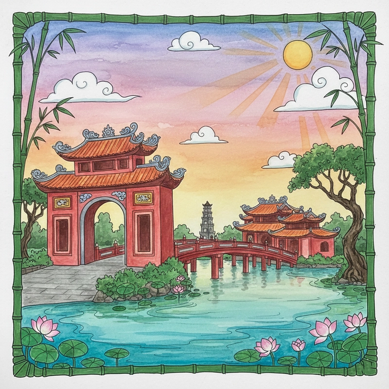 Vẽ tranh Hồ Gươm dễ thực hiện cho học sinh tiểu học