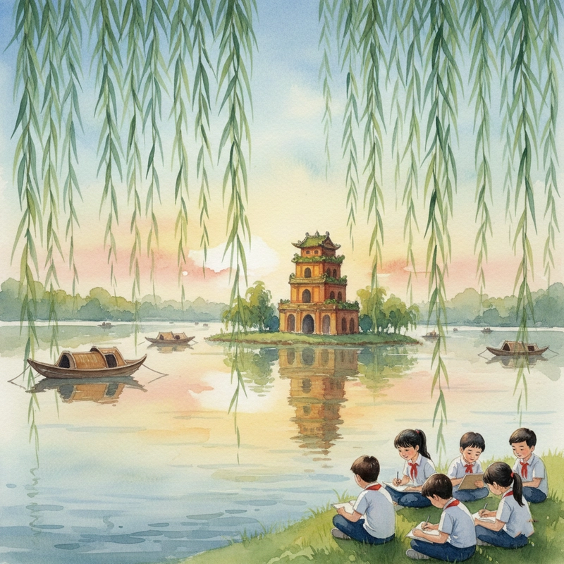 Vẽ tranh Hồ Gươm đơn giản phù hợp lớp nhỏ