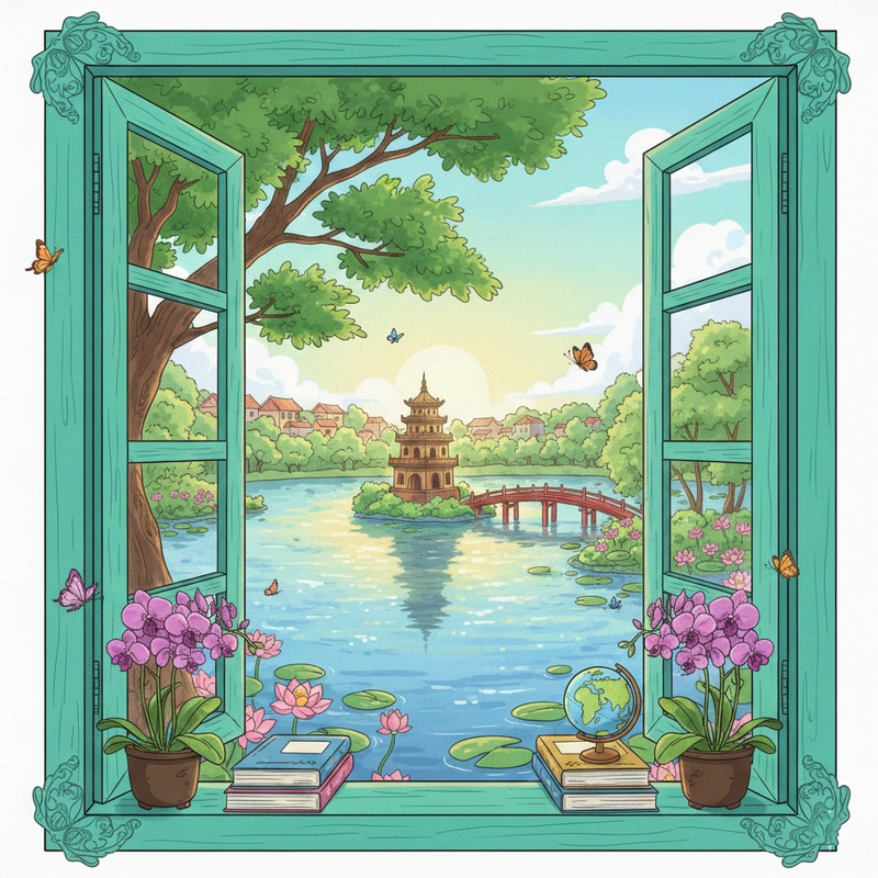 Vẽ tranh Hồ Gươm theo bố cục đơn giản mà hiệu quả