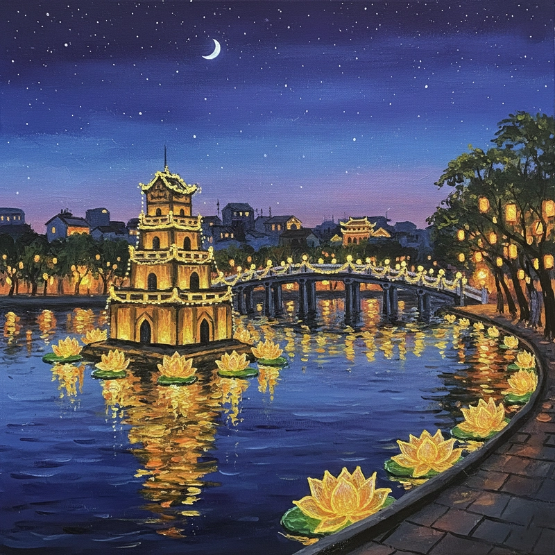 Vẽ tranh Hồ Gươm với Tháp Rùa nổi bật