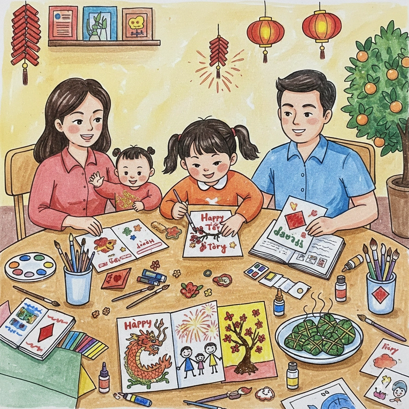 Vẽ tranh đề tài gia đình ngày Tết phong phú