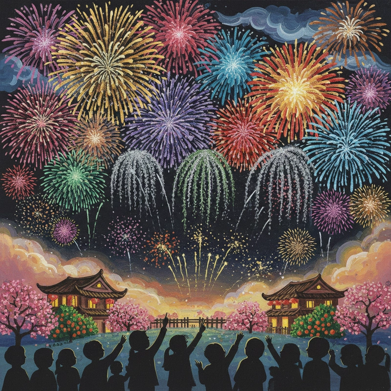 Vẽ tranh gia đình ngắm pháo hoa