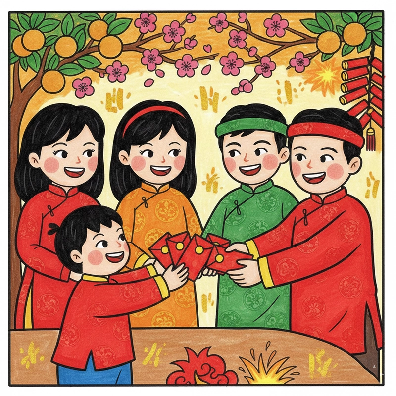 Vẽ tranh gia đình sum họp ngày Tết truyền thống