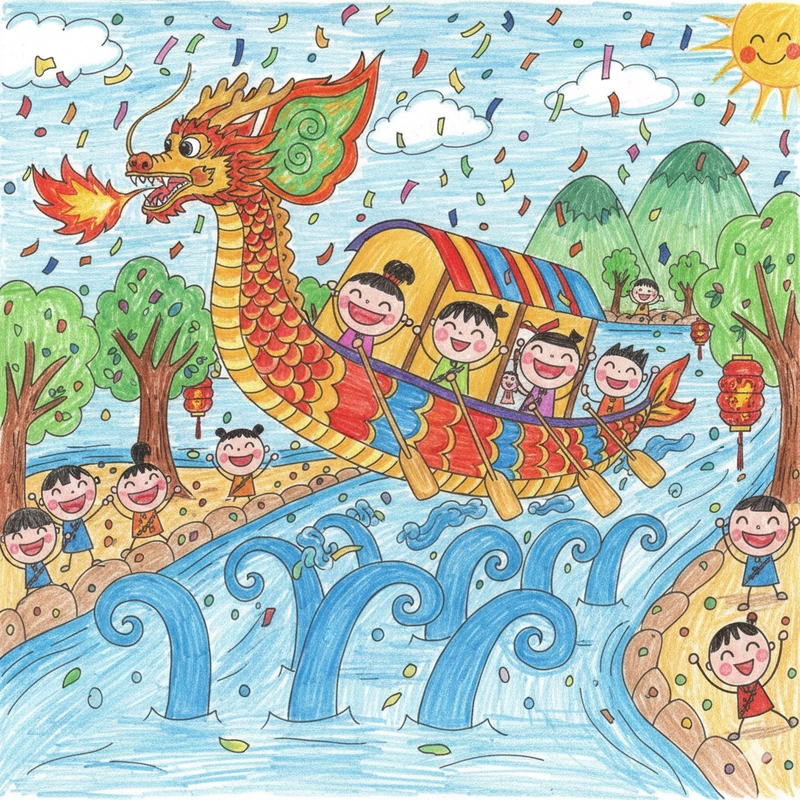 Vẽ tranh lễ hội đua thuyền mô tả không khí náo nhiệt
