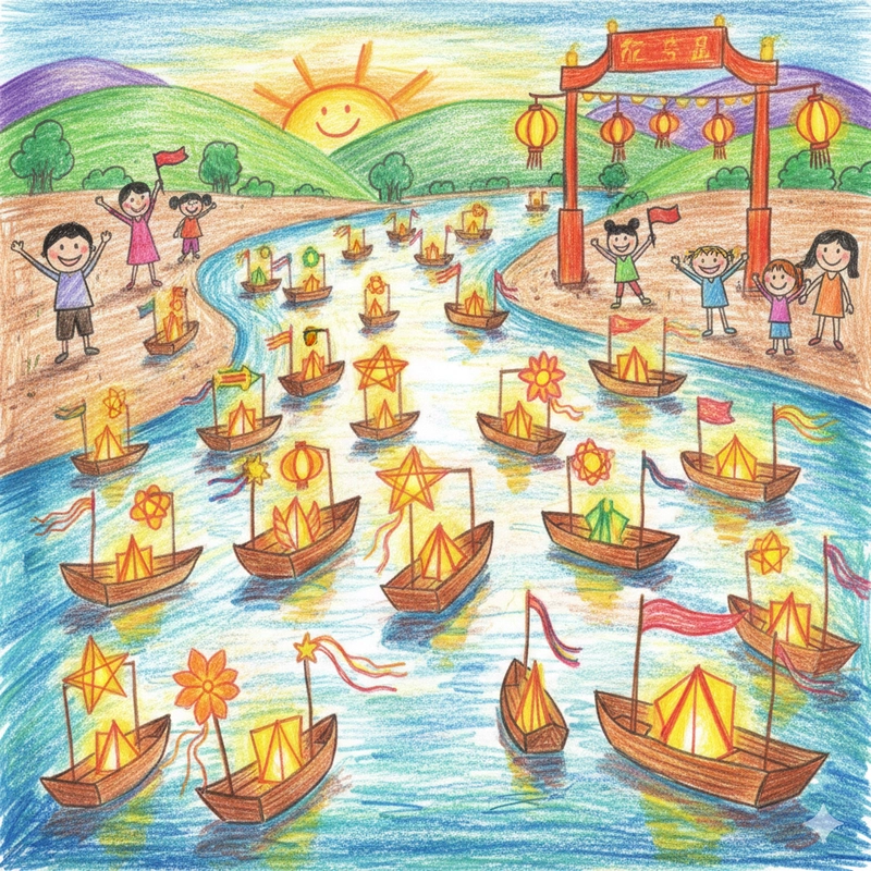 Vẽ tranh lễ hội đua thuyền theo phong cách đơn giản