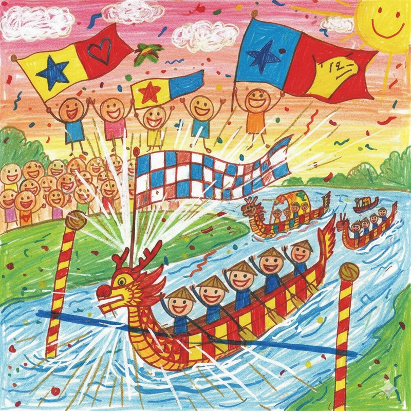 Vẽ tranh lễ hội đua thuyền với cờ hoa rực rỡ