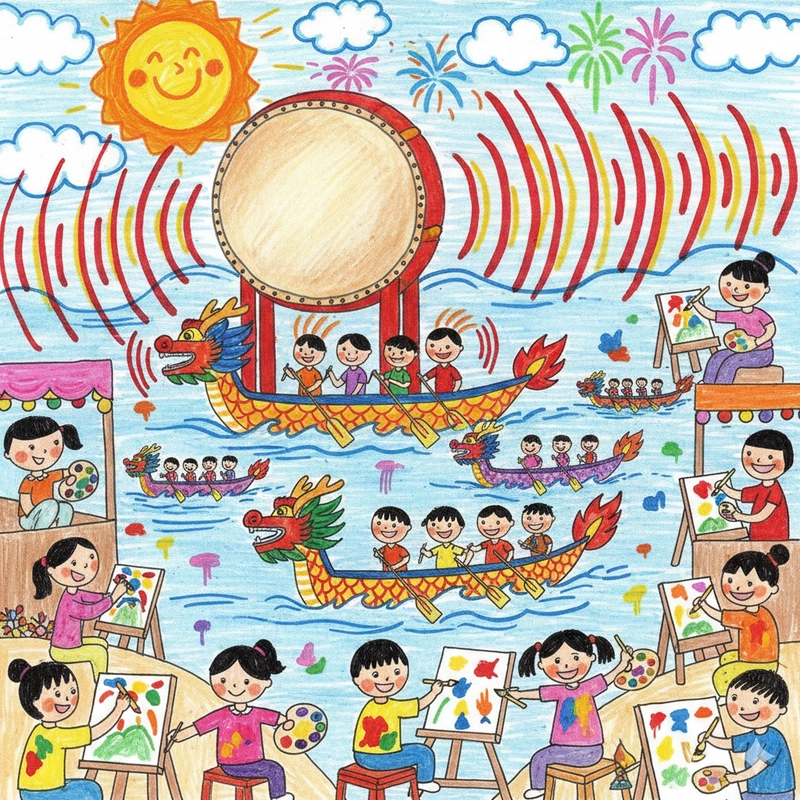 Vẽ tranh lễ hội đua thuyền với hình ảnh đội thuyền mạnh mẽ