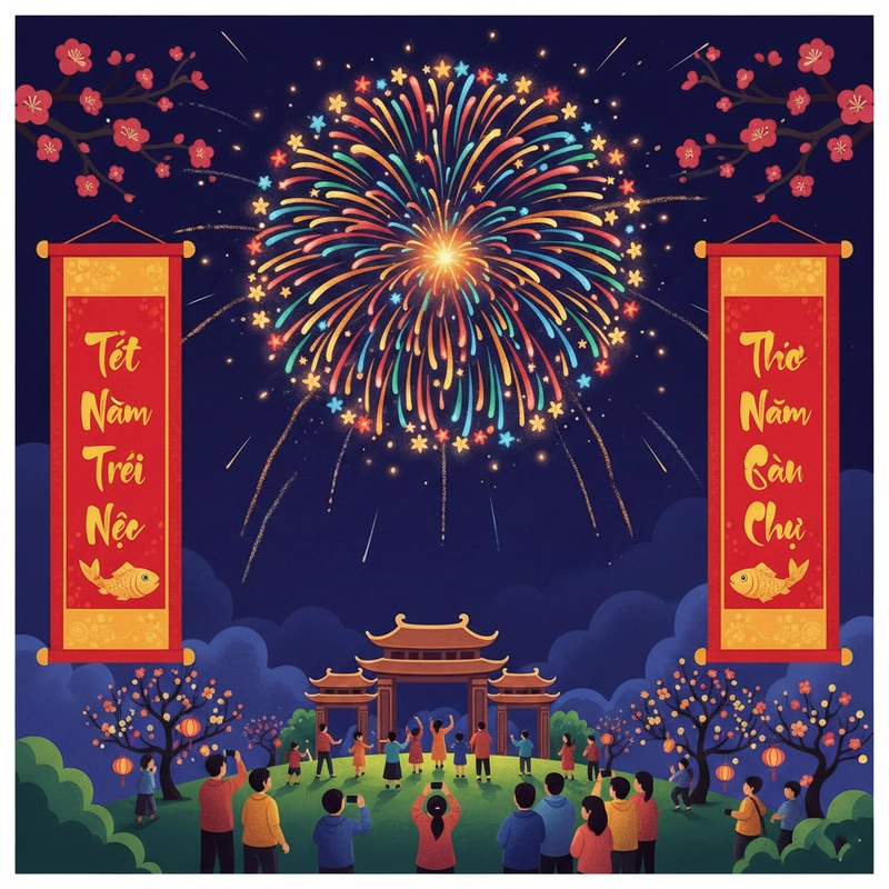 Vẽ tranh ngắm pháo hoa đêm Tết