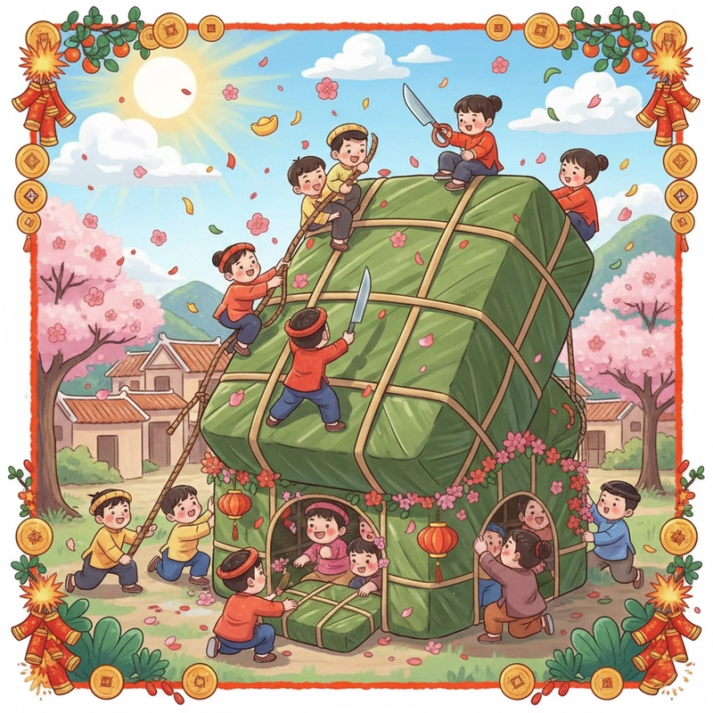 Vẽ tranh ngày Tết với cảnh gói bánh chưng.